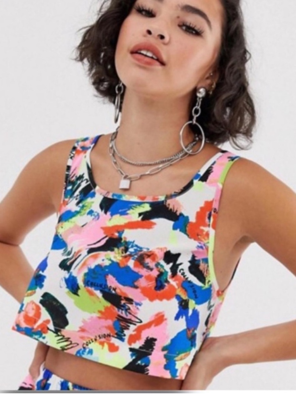 Collusion ASOS Neon Graphic Graffiti Splatter Shorts and Tank Set Size Small